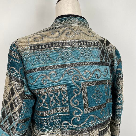 Vintage Serengeti Patchwork Tapestry Jacket Sz S Blue Metallic Shimmery Pockets - Picture 15 of 16